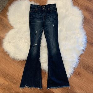 Express Women's Dark Indigo Flared Distressed Jeans
